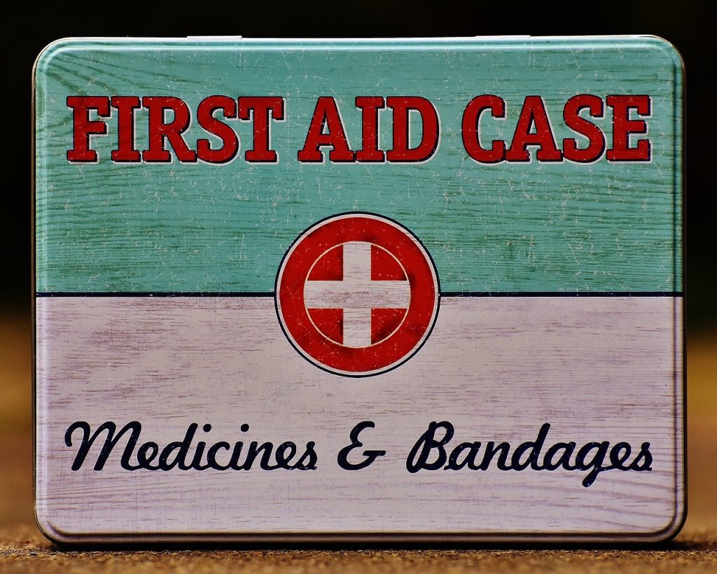 first aid, box, tin can